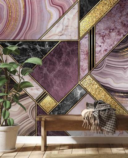 lila und schwarzer Marmor und Gold geometrische Tapete