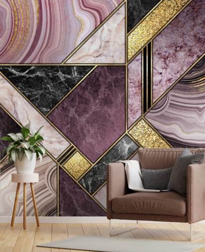 lila och svart marmor och guld geometrisk tapet