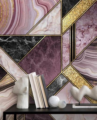 lila und schwarzer Marmor und Gold geometrische Tapete