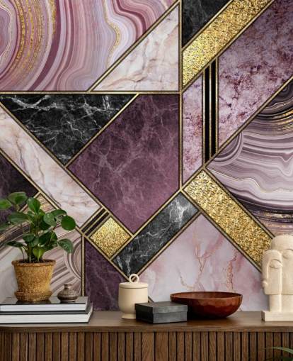 paars en zwart marmer en goud geometrisch behang