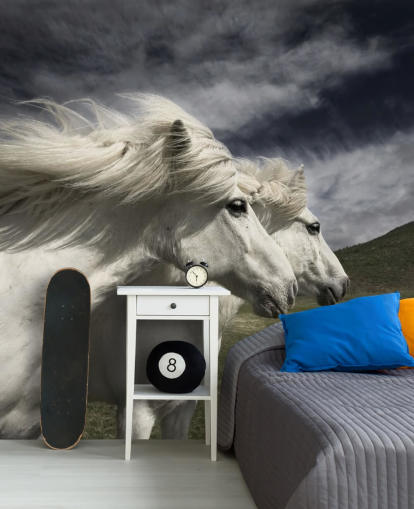 White Horse Couple in Field Wall Mural 