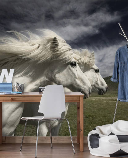 White Horse Couple in Field Wall Mural 