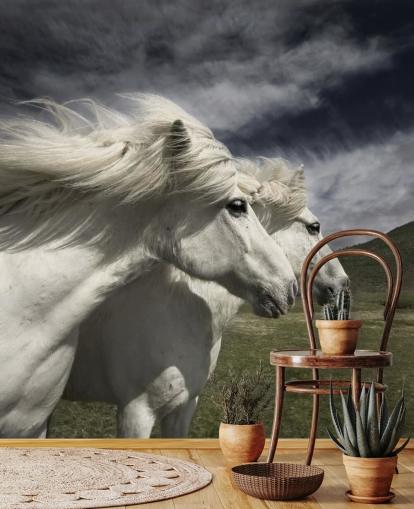 Witte paardenpaar in veld muurschildering 