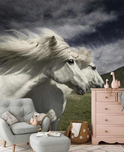 White Horse Couple in Field Wall Mural 