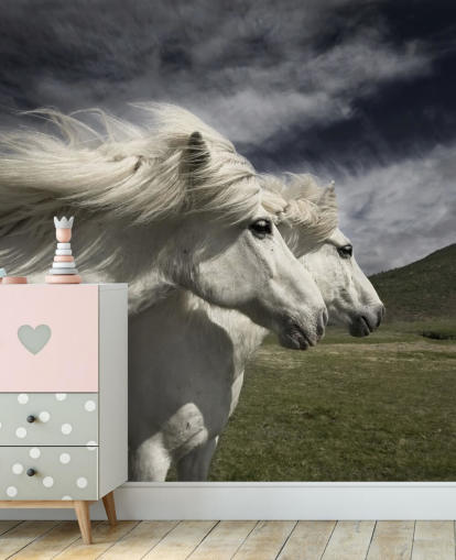 Casal de cavalo branco no mural de parede de campo Casal de cavalo branco no mural de parede de campo