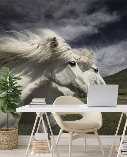 White Horse Couple in Field Wall Mural 