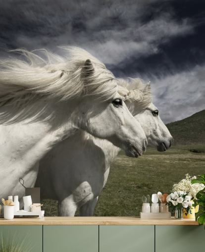 Decorazione murale con coppia di cavalli bianchi nel campo Decorazione murale con coppia di cavalli bianchi nel campo