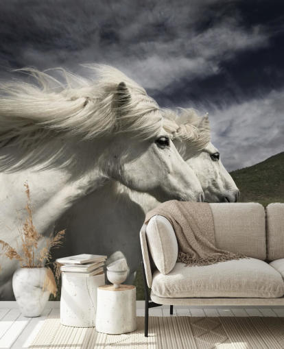 White Horse Couple in Field Wall Mural 