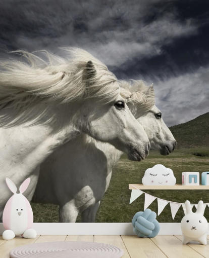 White Horse Couple in Field Wall Mural 