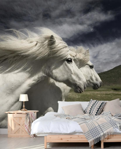 Witte paardenpaar in veld muurschildering 