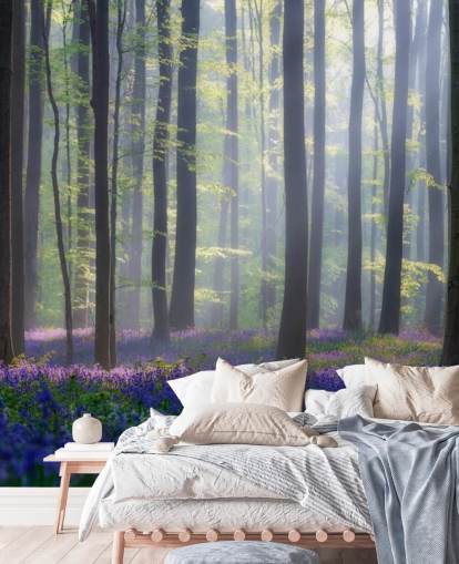 misty bluebell forest behang