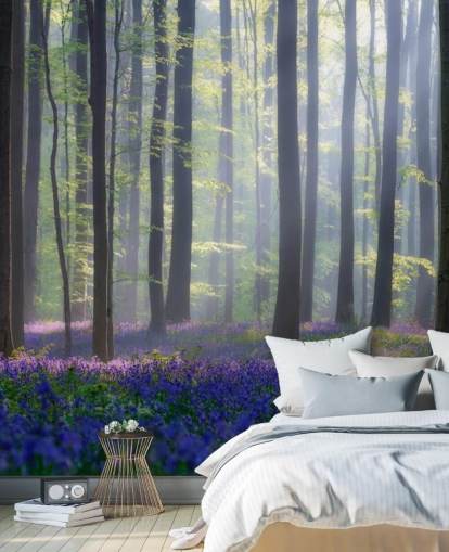 misty bluebell forest behang