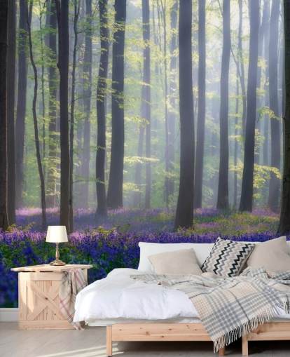 misty bluebell forest behang