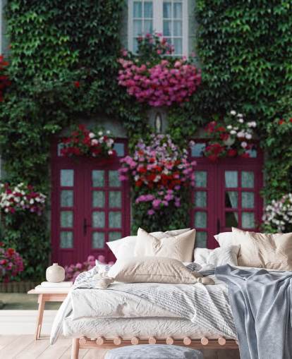 ivy covered house with purple flowers wallpaper