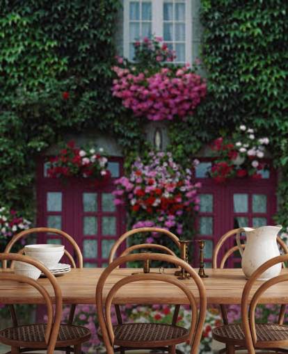 casa coberta de hera com flores roxas wallpaper