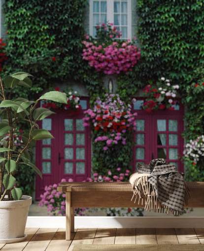 casa cubierta de hiedra con fondo de pantalla de flores