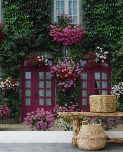 ivy covered house with purple flowers wallpaper