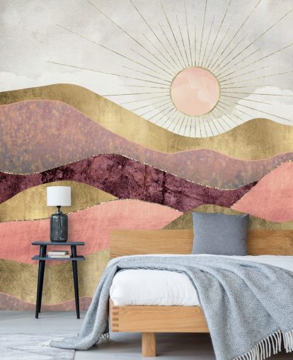 mural de papel pintado con efecto rosa, morado y dorado al amanecer llamado Blush Sun de SpaceFrog Designs para dormitorios mural de papel pintado con efecto rosa, morado y dorado al amanecer llamado Blush Sun de SpaceFrog Designs para dormitorios