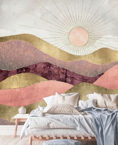 mural de papel de parede ao nascer do sol com efeito rosa, roxo e dourado chamado Blush Sun da SpaceFrog Designs para quartos