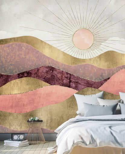 behangmuurschildering met roze, paars en goudeffect bij zonsopgang genaamd Blush Sun van SpaceFrog Designs voor slaapkamers