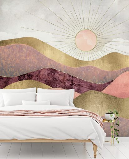 behangmuurschildering met roze, paars en goudeffect bij zonsopgang genaamd Blush Sun van SpaceFrog Designs voor slaapkamers behangmuurschildering met roze, paars en goudeffect bij zonsopgang genaamd Blush Sun van SpaceFrog Designs voor slaapkamers