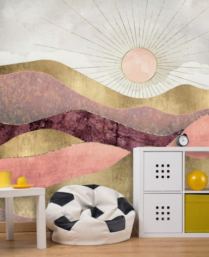 papier peint mural rose, violet et doré à effet lever de soleil appelé Blush Sun par SpaceFrog Designs pour chambres à coucher papier peint mural rose, violet et doré à effet lever de soleil appelé Blush Sun par SpaceFrog Designs pour chambres à coucher