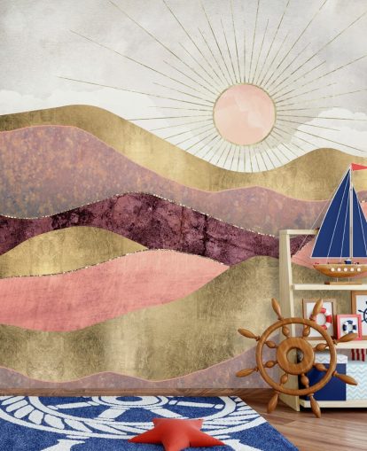 pink purple and gold effect sunrise wallpaper mural called Blush Sun by SpaceFrog Designs for bedrooms