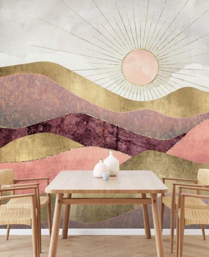 behangmuurschildering met roze, paars en goudeffect bij zonsopgang genaamd Blush Sun van SpaceFrog Designs voor slaapkamers behangmuurschildering met roze, paars en goudeffect bij zonsopgang genaamd Blush Sun van SpaceFrog Designs voor slaapkamers