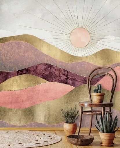 papier peint mural rose, violet et doré à effet lever de soleil appelé Blush Sun par SpaceFrog Designs pour chambres à coucher