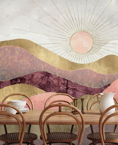 carta da parati murale rosa, viola e oro effetto alba chiamata Blush Sun di SpaceFrog Designs per camere da letto