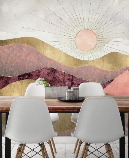 pink purple and gold effect sunrise wallpaper mural called Blush Sun by SpaceFrog Designs for bedrooms