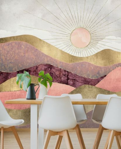 pink purple and gold effect sunrise wallpaper mural called Blush Sun by SpaceFrog Designs for bedrooms