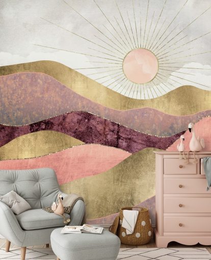 mural de papel pintado con efecto rosa, morado y dorado al amanecer llamado Blush Sun de SpaceFrog Designs para dormitorios