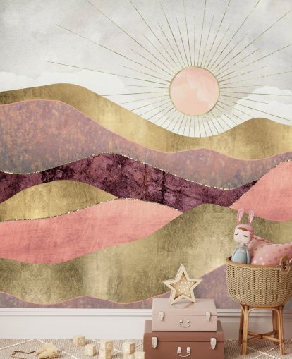papier peint mural rose, violet et doré à effet lever de soleil appelé Blush Sun par SpaceFrog Designs pour chambres à coucher papier peint mural rose, violet et doré à effet lever de soleil appelé Blush Sun par SpaceFrog Designs pour chambres à coucher