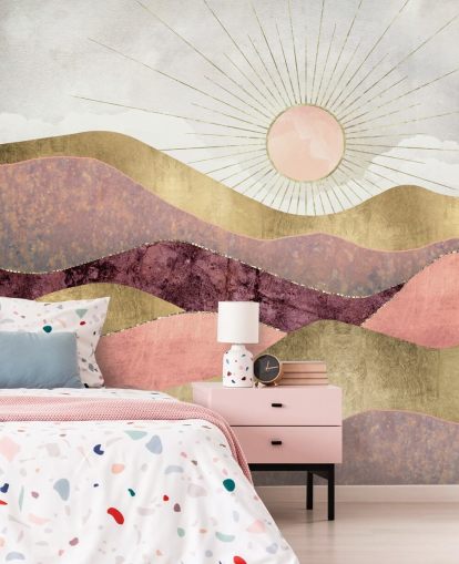 lyserød lilla og guldeffekt solopgangstapetmaleri kaldet Blush Sun af SpaceFrog Designs til soveværelser lyserød lilla og guldeffekt solopgangstapetmaleri kaldet Blush Sun af SpaceFrog Designs til soveværelser