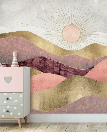 mural de papel de parede ao nascer do sol com efeito rosa, roxo e dourado chamado Blush Sun da SpaceFrog Designs para quartos