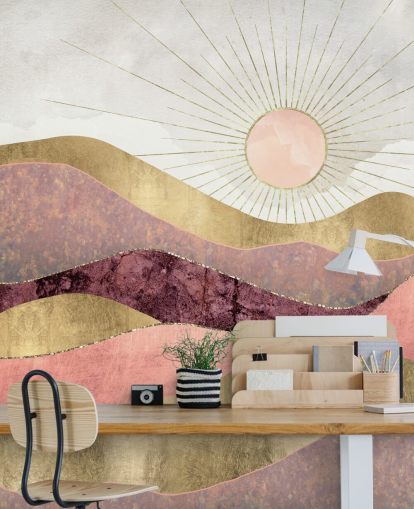 mural de papel pintado con efecto rosa, morado y dorado al amanecer llamado Blush Sun de SpaceFrog Designs para dormitorios