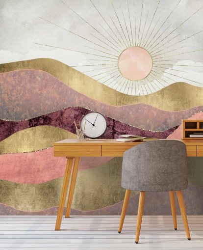 mural de papel pintado con efecto rosa, morado y dorado al amanecer llamado Blush Sun de SpaceFrog Designs para dormitorios