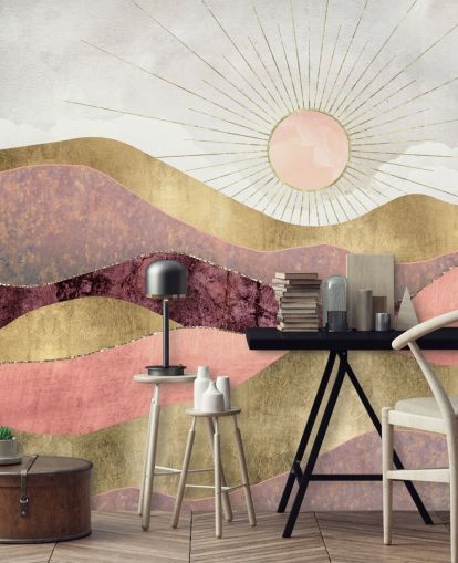 Sonnenaufgangstapete mit rosa, lila und goldenem Effekt namens Blush Sun von SpaceFrog Designs für Schlafzimmer Sonnenaufgangstapete mit rosa, lila und goldenem Effekt namens Blush Sun von SpaceFrog Designs für Schlafzimmer