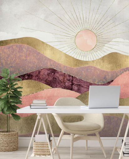 papier peint mural rose, violet et doré à effet lever de soleil appelé Blush Sun par SpaceFrog Designs pour chambres à coucher