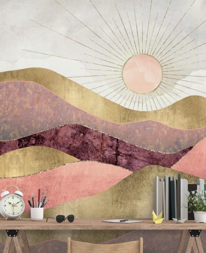 mural de papel pintado con efecto rosa, morado y dorado al amanecer llamado Blush Sun de SpaceFrog Designs para dormitorios