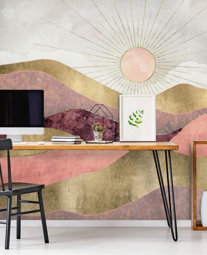 pink purple and gold effect sunrise wallpaper mural called Blush Sun by SpaceFrog Designs for bedrooms