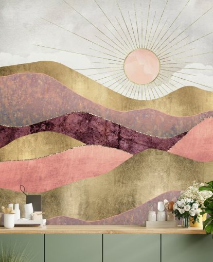 rosa lila och guldeffekt soluppgång tapetväggmålning kallad Blush Sun av SpaceFrog Designs för sovrum