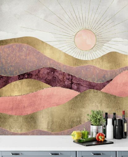 behangmuurschildering met roze, paars en goudeffect bij zonsopgang genaamd Blush Sun van SpaceFrog Designs voor slaapkamers