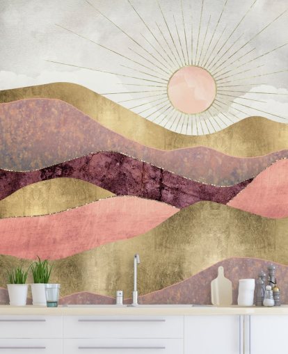 lyserød lilla og guldeffekt solopgangstapetmaleri kaldet Blush Sun af SpaceFrog Designs til soveværelser lyserød lilla og guldeffekt solopgangstapetmaleri kaldet Blush Sun af SpaceFrog Designs til soveværelser