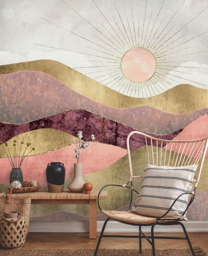 mural de papel pintado con efecto rosa, morado y dorado al amanecer llamado Blush Sun de SpaceFrog Designs para dormitorios mural de papel pintado con efecto rosa, morado y dorado al amanecer llamado Blush Sun de SpaceFrog Designs para dormitorios