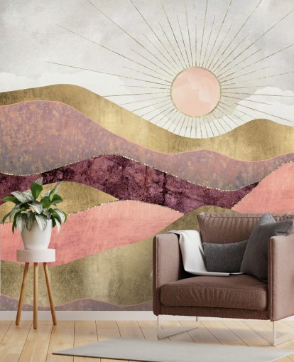 lyserød lilla og guldeffekt solopgangstapetmaleri kaldet Blush Sun af SpaceFrog Designs til soveværelser lyserød lilla og guldeffekt solopgangstapetmaleri kaldet Blush Sun af SpaceFrog Designs til soveværelser