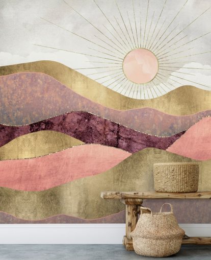 carta da parati murale rosa, viola e oro effetto alba chiamata Blush Sun di SpaceFrog Designs per camere da letto