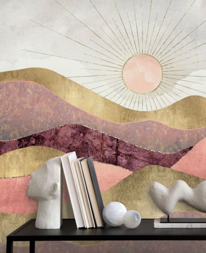 pink purple and gold effect sunrise wallpaper mural called Blush Sun by SpaceFrog Designs for bedrooms