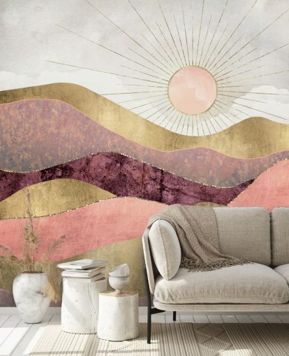 vaaleanpunainen violetti ja kultainen auringonnousun taustakuvamaalaus nimeltä Blush Sun by SpaceFrog Designs makuuhuoneisiin